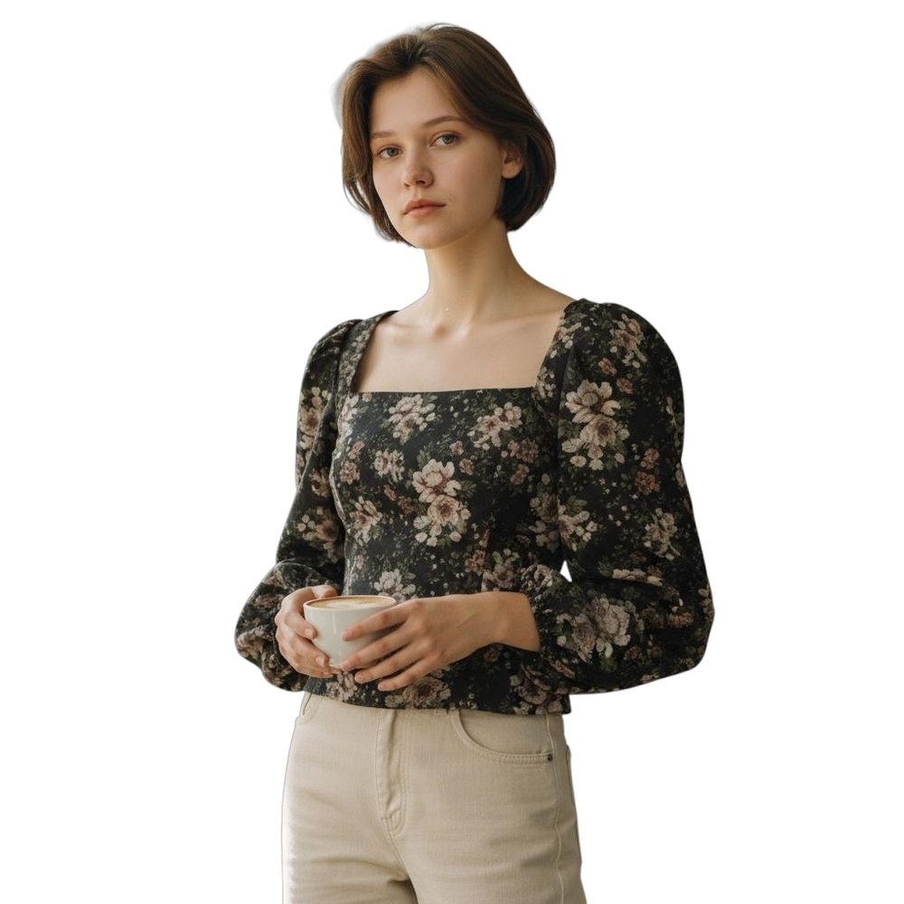 Abercrombie & Fitch Black Floral Square Neck Peasant Blouse,Balloon Sleeves,sz S